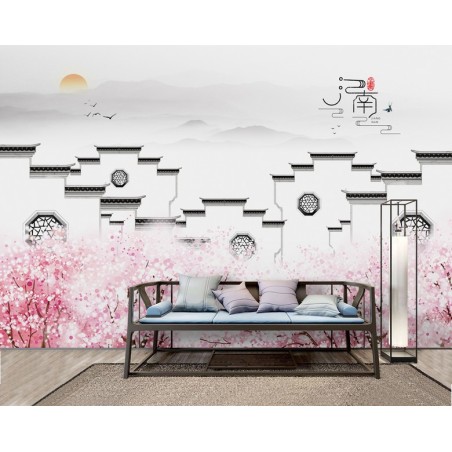 Papier peint chinois zen - Maison traditionnelle avec les fleurs de pêcher
