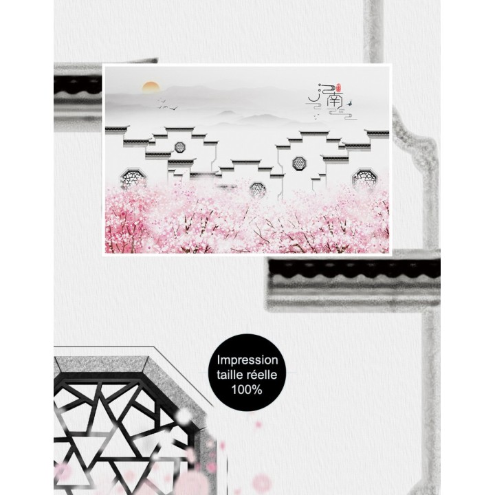 Papier peint chinois zen - Maison traditionnelle avec les fleurs de pêcher