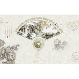 Papier peint asiatique - Paysage zen et l'éventail avec pendentif en jade, effet sur marbre
