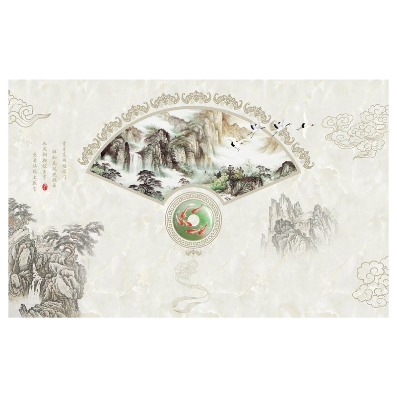 Papier peint asiatique - Paysage zen et l'éventail avec pendentif en jade, effet sur marbre