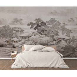 Peinture asiatique zen ton gris aspect ancien - Maison sous la neige