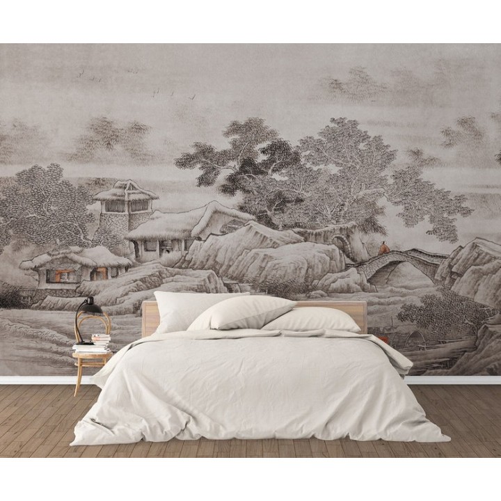 Peinture asiatique zen ton gris aspect ancien - Maison sous la neige