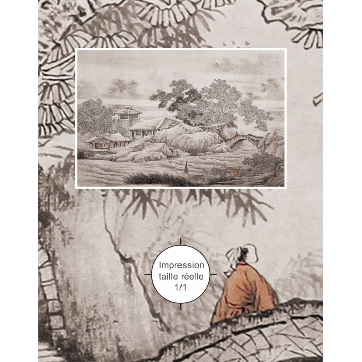 Peinture asiatique zen ton gris aspect ancien - Maison sous la neige