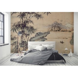 Papier peint japonais aspect ancien - Les bambous au pied d'un rocher