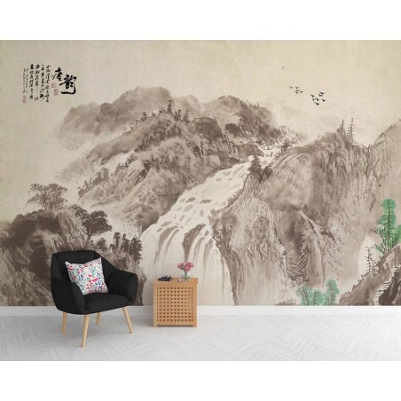 Peinture asiatique ancienne tapisserie zen style sépia - La grande chute d'eau