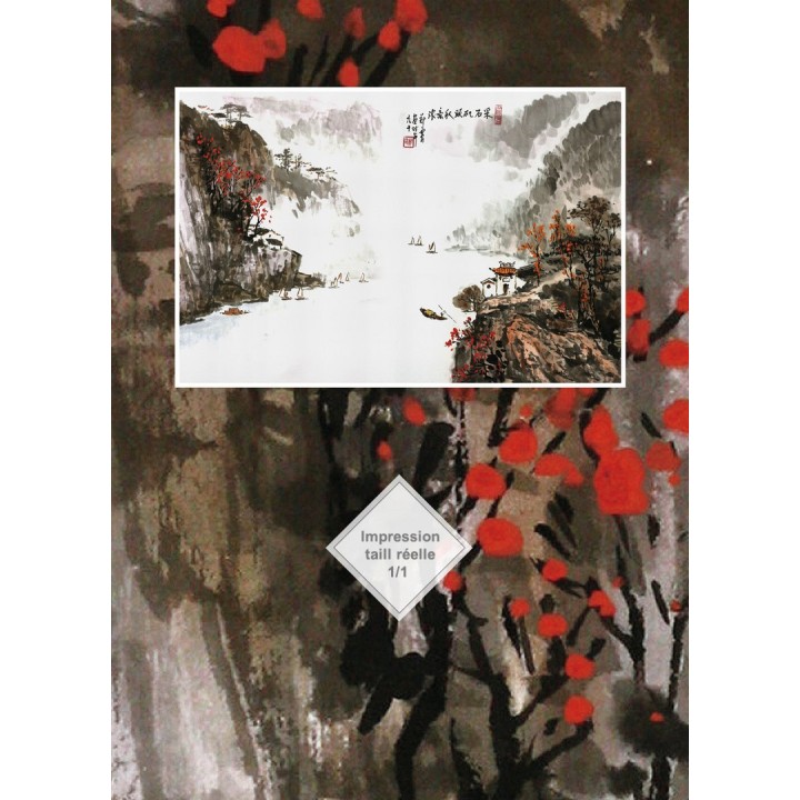Peinture à l'encre de Chine paysage d'automne - La rivière dans la vallée