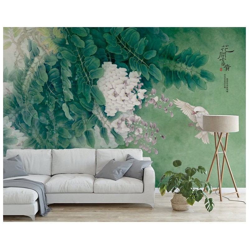 Tapisserie florale papier peint asiatique fleurs et oiseaux - La glycine et l'oiseau blanc