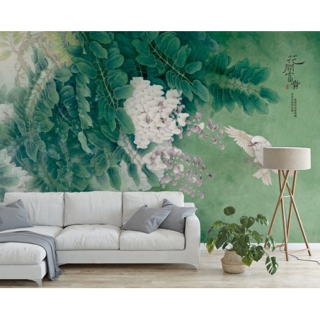 Tapisserie florale papier peint asiatique fleurs et oiseaux - La glycine et l'oiseau blanc