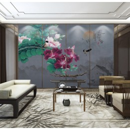 Papier peint asiatique fleurs et oiseaux - Paysage avec les fleurs de bauhinia et l'oiseau