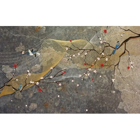 Papier peint japonais fleurs et oiseaux  - Souffle de vent