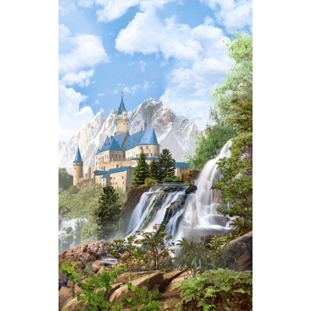 Papier peint photo paysage féerique - Château dans la montagne, chute d'eau