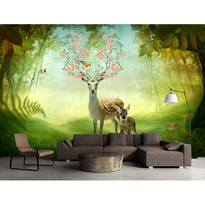 Décoration murale chambre d'enfant paysage féerique - La Maman daim et son bébé dans la forêt
