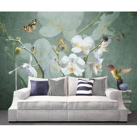 Papier peint d'artiste issu d'un tableau de peinture - Les orchidées blanches et les oiseaux