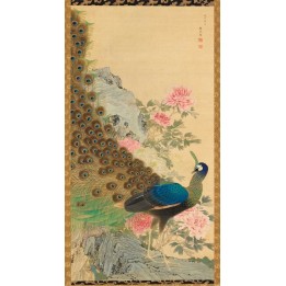 Papier peint japonais issu d'un ukiyo-e format vertical (portrait) - Le paon sur le rocher avec les pivoines