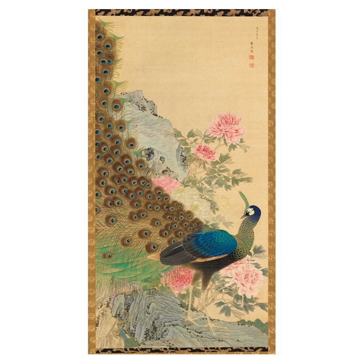 Papier peint japonais issu d'un ukiyo-e format vertical (portrait) - Le paon sur le rocher avec les pivoines