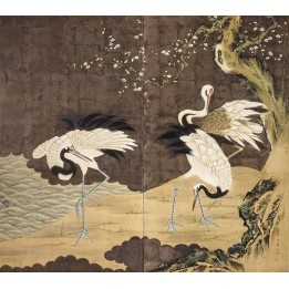 Papier peint japonais 2 volets issu d'un ukiyo-e - Les grus sous l'arbre de mei au bord de l'eau