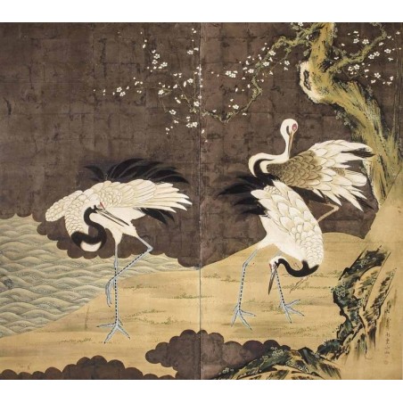 Papier peint japonais 2 volets issu d'un ukiyo-e - Les grus sous l'arbre de mei au bord de l'eau