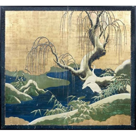 Papier peint japonais 2 volets issu d'un ukiyo-e - Les aigrettes sous la neige