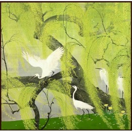Papier peint japonais 2 volets issu d'un ukiyo-e - Les aigrettes sur le saule pleureur en printemps