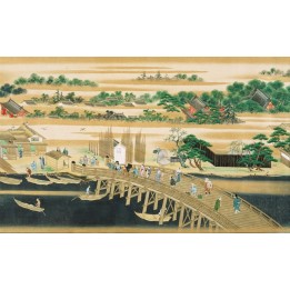 Papier peint japonais issu d'un ukiyo-e - Les villageois sur le pont