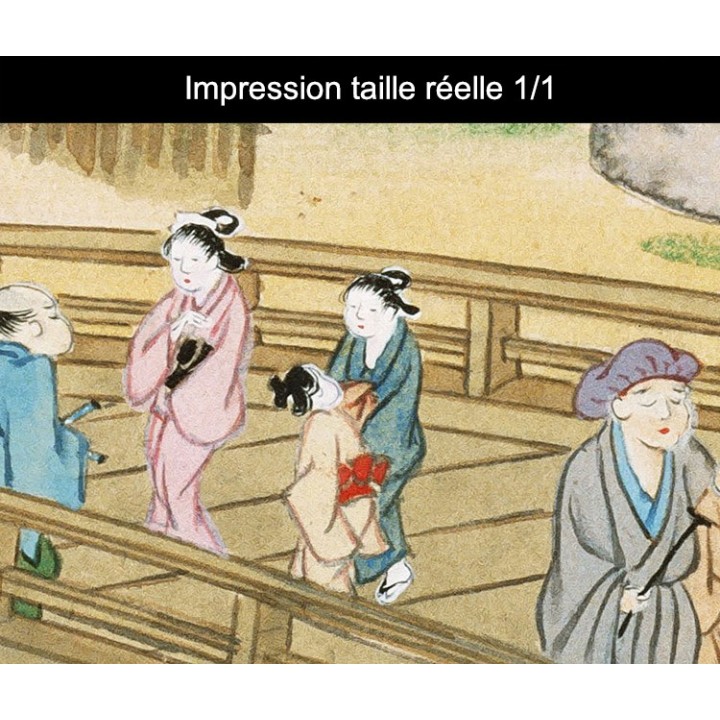 Papier peint japonais issu d'un ukiyo-e - Les villageois sur le pont