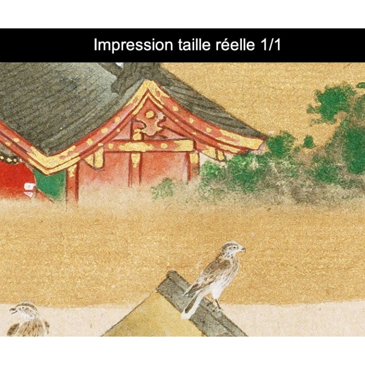 Papier peint japonais issu d'un ukiyo-e - Les villageois sur le pont