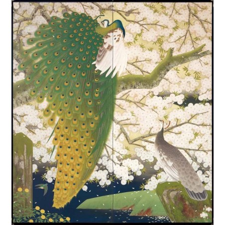 Papier peint japonais issu d'un ukiyo-e - Les paons et le cerisier