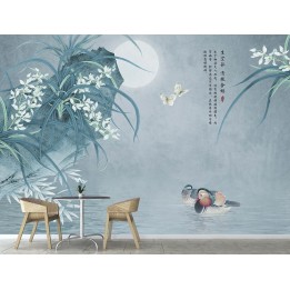 Papier peint chinois zen fleurs et oiseaux - Les orchidées et les canards mandarins dans la nuit