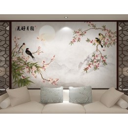 Papier peint chinois zen fleurs et oiseaux - Les fleurs de pêcher et les oiseaux