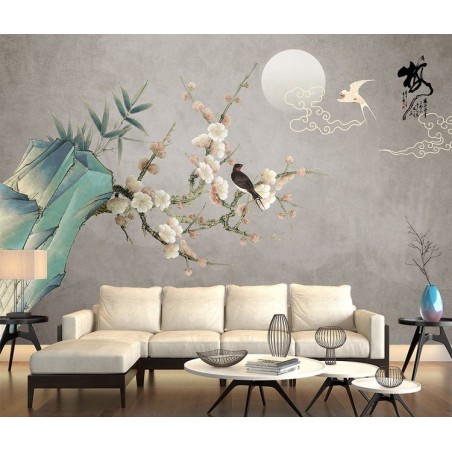 Papier peint chinois zen fleurs et oiseaux - Les fleurs de mei et les oiseaux