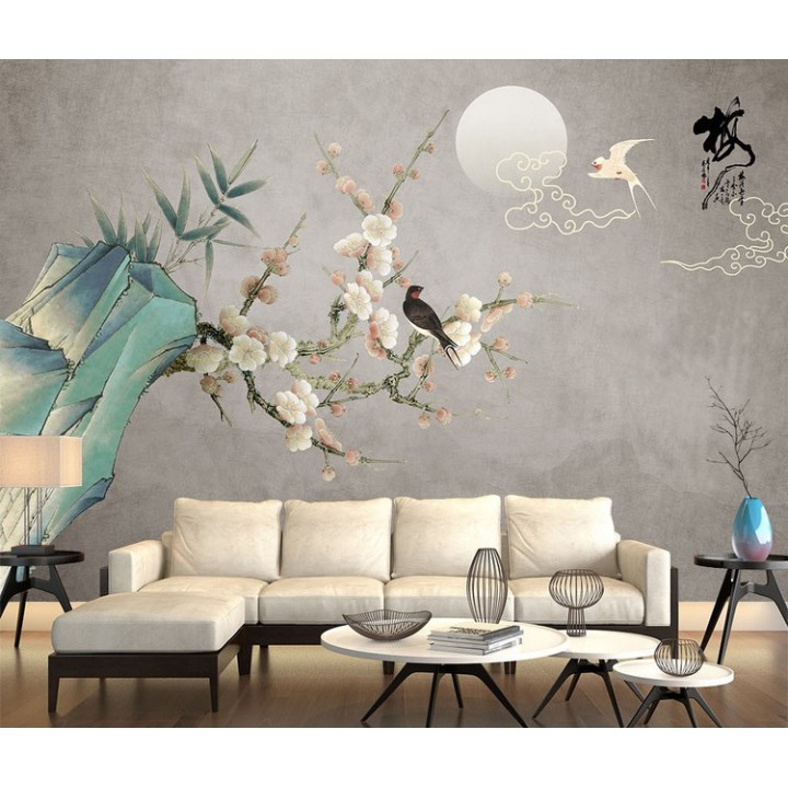 Papier peint chinois zen fleurs et oiseaux - Les fleurs de mei et les oiseaux