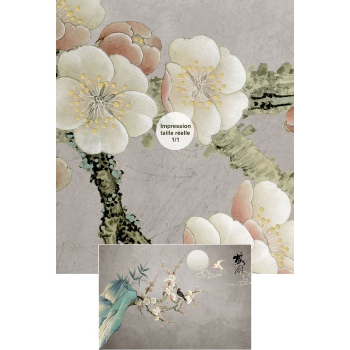 Papier peint chinois zen fleurs et oiseaux - Les fleurs de mei et les oiseaux