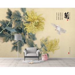 Papier peint chinois zen fleurs et oiseaux - Les chrysanthèmes jaunes et l'oiseau blanc