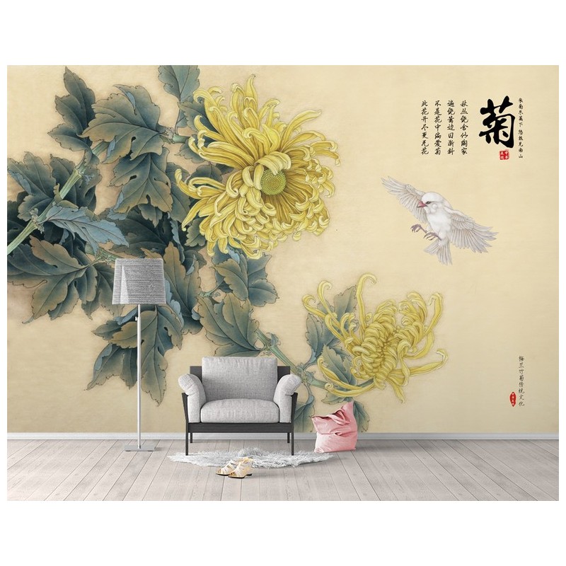 Papier peint chinois zen fleurs et oiseaux - Les chrysanthèmes jaunes et l'oiseau blanc