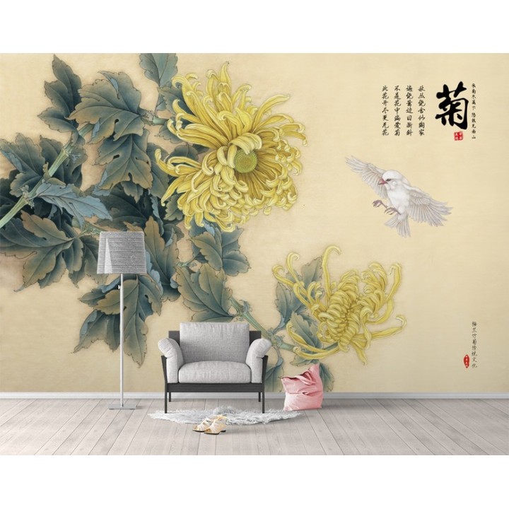 Papier peint chinois zen fleurs et oiseaux - Les chrysanthèmes jaunes et l'oiseau blanc