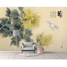 Papier peint chinois zen fleurs et oiseaux - Les chrysanthèmes jaunes et l'oiseau blanc