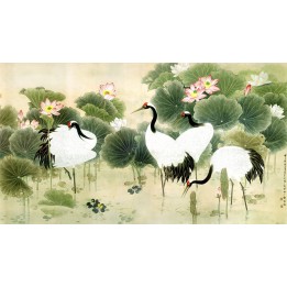 Peinture chinoise zen - Les grues dans l'étang avec les lotus