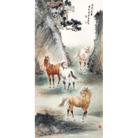 Peinture chinoise ancienne format portrait (vertical) - Les 4 chevaux