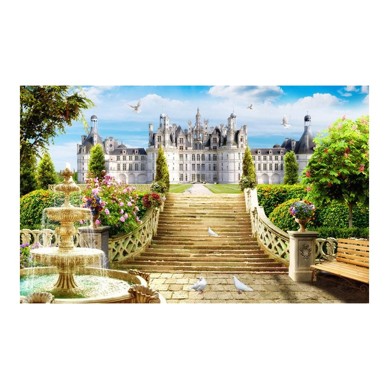 Paysage trompe l'œil 3D - Château et son jardin avec la fontaine