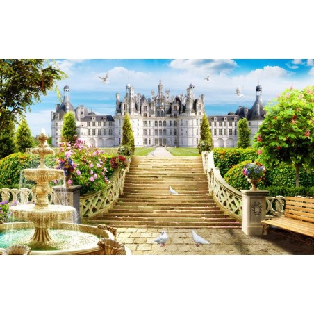 Paysage trompe l'œil 3D - Château et son jardin avec la fontaine