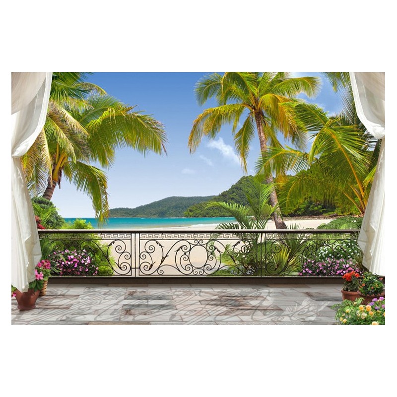 Paysage tropical trompe l'oeil 3D - La plage est devant mon balcon