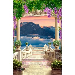 Paysage romantique trompe l'oeil 3D format portrait (vertical) - L'escalier descendant vers la montagne