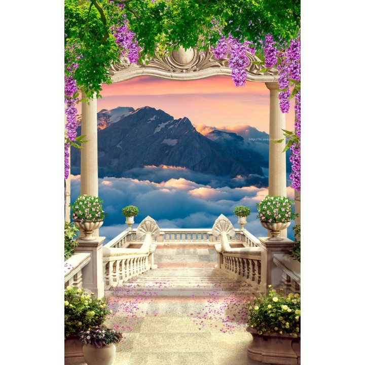 Paysage romantique trompe l'oeil 3D format portrait (vertical) - L'escalier descendant vers la montagne