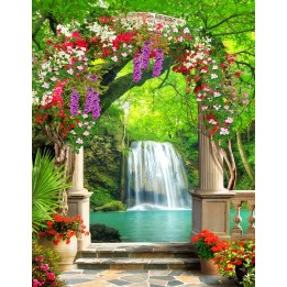 Papier peint photo trompe l'œil 3D format portrait (vertical) - Jardin floral avec chute d'eau