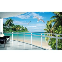 Papier peint photo trompe l'œil 3D - Plage tropicale vue depuis le balcon