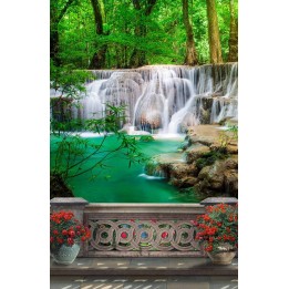 Papier peint photo trompe l'œil 3D format portrait (vertical) - Chute d'eau dans la forêt tropicale vue depuis le balcon