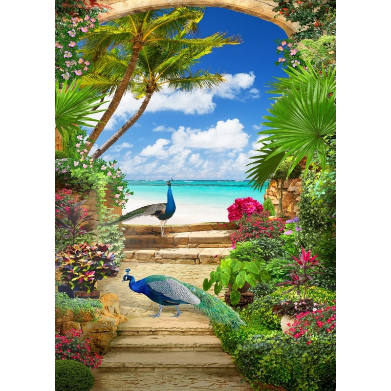 Paysage trompe l'œil 3D format portrait (vertical) - Les paons dans le jardin tropical au bord de la mer
