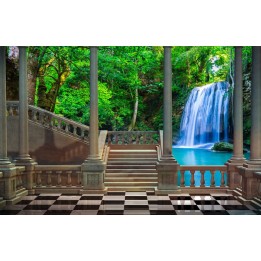 Paysage trompe l'œil 3D - Chute d'eau davant la terrasse avec sol en damier - Extension d'espace