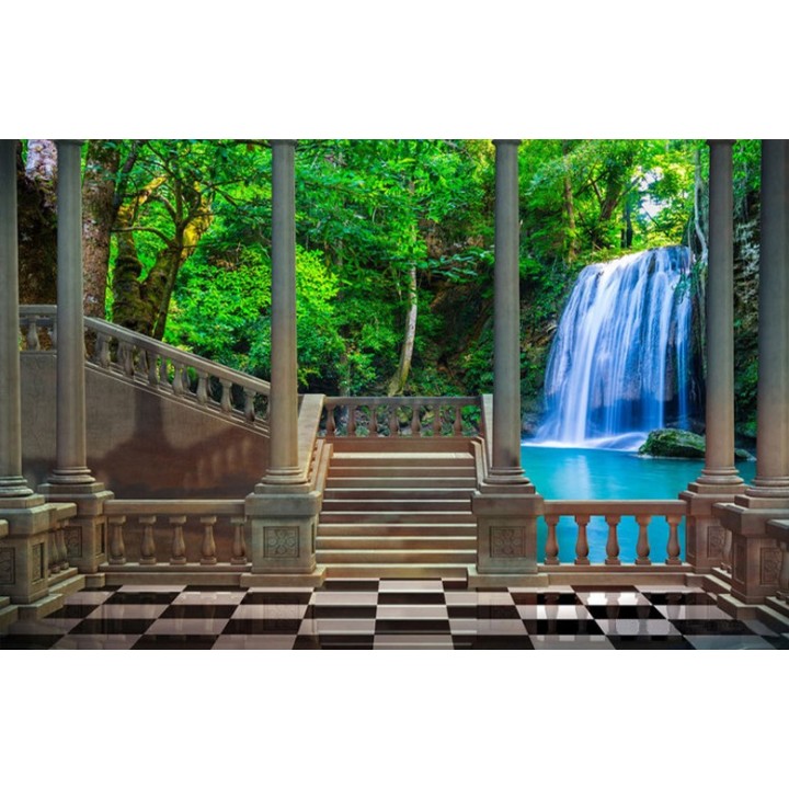 Paysage trompe l'œil 3D - Chute d'eau davant la terrasse avec sol en damier - Extension d'espace