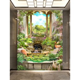 Paysage romantique trompe l'œil 3D - Les flamant roses dans le jardin